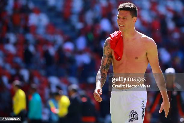 Damian Musto of Tijuana reacts after losing the 17th round match between Toluca and Tijuana as part of the Torneo Apertura 2017 Liga MX at Nemesio...