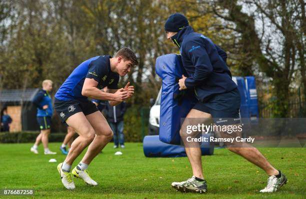 Dublin , Ireland - 20 November 2017; Garry Ringrose and Elite Player Development Officer Hugh Hogan during Leinster rugby squad training at Leinster...