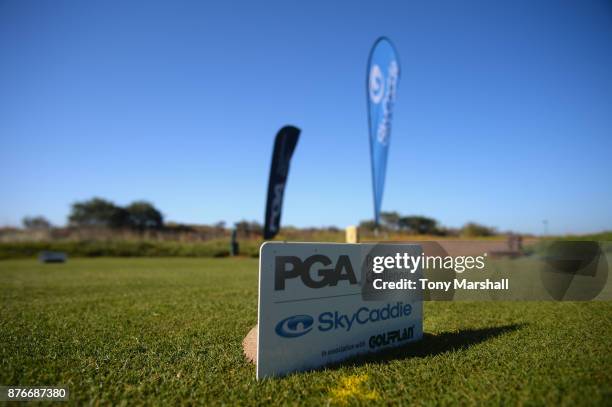 View of the tee marker on the 1st tee during the Practice Round of the SkyCaddie PGA Pro-Captain Challenge Grand Final at Mazagan Beach resort on...