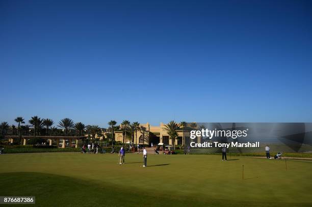 View of the putting green and Clubhouse during the Practice Round of the SkyCaddie PGA Pro-Captain Challenge Grand Final at Mazagan Beach resort on...