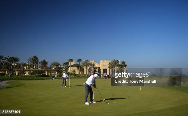 View of the putting green and Clubhouse during the Practice Round of the SkyCaddie PGA Pro-Captain Challenge Grand Final at Mazagan Beach resort on...