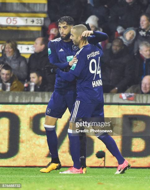 Josue Sa defender of RSC Anderlecht and Sofiane Hanni midfielder of RSC Anderlecht celebrates the win during the Jupiler Pro League match between...