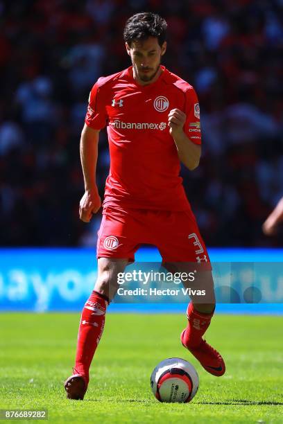 Santiago Garcia of Toluca kicks the ball during the 17th round match between Toluca and Tijuana as part of the Torneo Apertura 2017 Liga MX at...