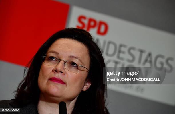 German parliamentary group leader of the Social Democratic Party , Andrea Nahles speaks with journalists prior to a parliamentary group meeting on...