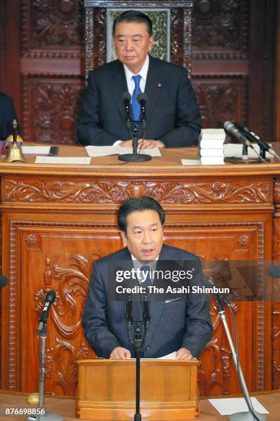 The Constitutional Democratic Party leader Yukio Edano addresses during the party leaders' question at the Lower House plenary session at the Diet...