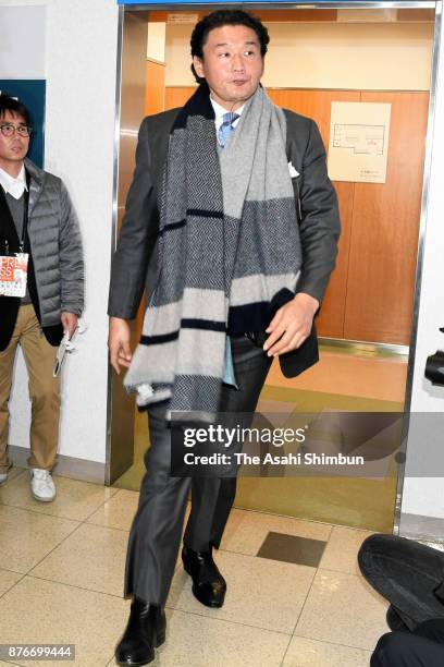 Stable master Takanohana is seen during day nine of the Grand Sumo Kyushu Tournament at Fukuoka Convention Center on November 20, 2017 in Fukuoka,...