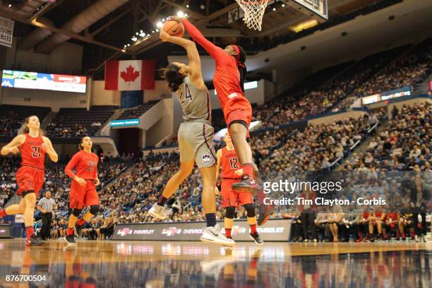 Napheesa Collier of the Connecticut Huskies has her shot blocked by Kaila Charles of the Maryland Terrapins during the the UConn Huskies Vs Maryland...
