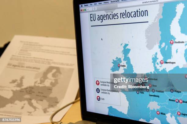 Laptop displays a map of candidate city locations for the relocation of the European Banking Authority and European Medicines Agency in this arranged...