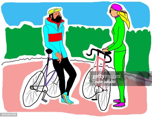 illustrazioni stock, clip art, cartoni animati e icone di tendenza di due ciclisti a riposo - metà tempo