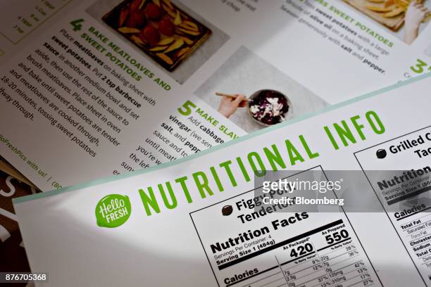 HelloFresh AG signage is seen on a nutritional information sheet from a delivery meal kit in Tiskilwa, Illinois, U.S., on Wednesday, Nov. 15, 2017....