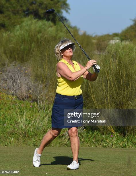 Helen Heggarty, Ladies Captain of Royal Liverpool Golf Club plays her first shot on the 1st tee during the Practice Round of the SkyCaddie PGA...