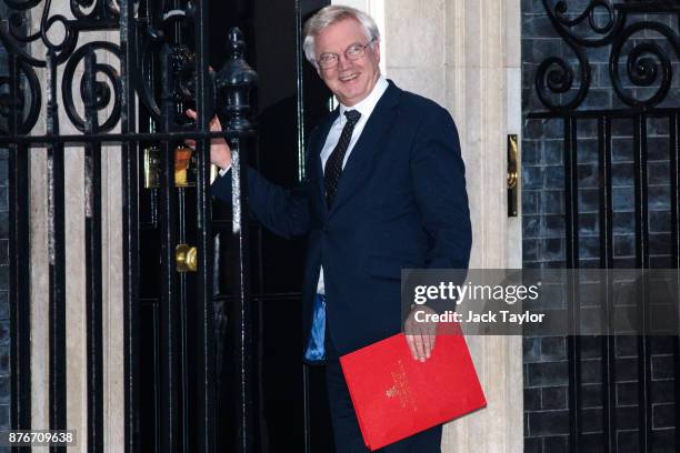 Brexit Secretary David Davis arrives for a meeting at Downing Street on November 20, 2017 in London, England. British Prime Minister Theresa May is...