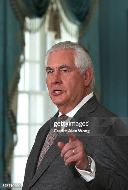 Secretary of State Rex Tillerson speaks as he participates in a photo opportunity with Qatari Foreign Minister Sheikh Mohammed bin Abdulrahman Al...