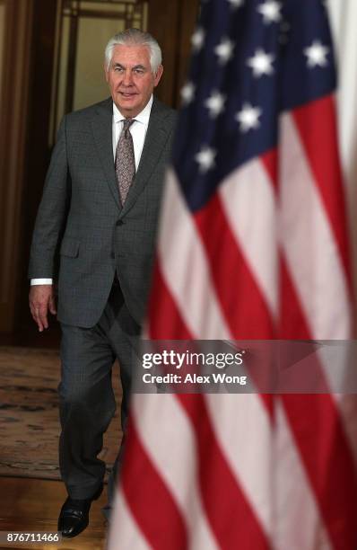 Secretary of State Rex Tillerson participates in a photo opportunity with Qatari Foreign Minister Sheikh Mohammed bin Abdulrahman Al Thani at the...