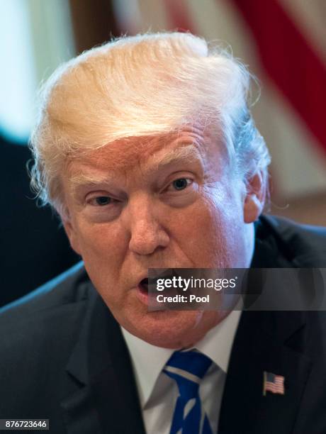 President Donald Trump speaks to the media during a cabinet meeting at the White House on November 20, 2017 in Washington, D.C. President Trump...