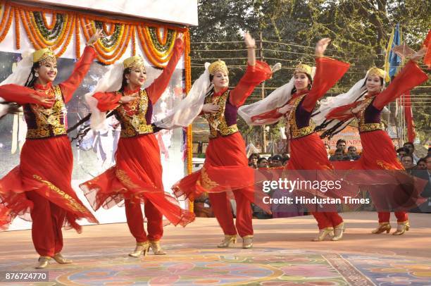 Kazakistan folk dancers perform after Innuguration of the 25th Surajkund Craft Mela at Surajkund in Faridabad.