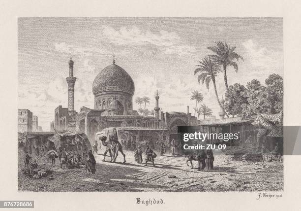 baghdad, capital of iraq, steel engraving, published in 1885 - baghdad stock illustrations