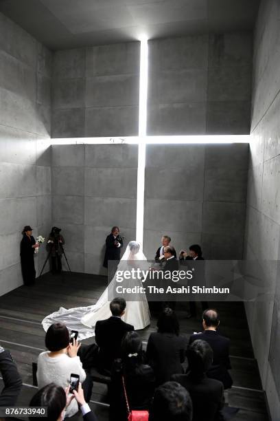 Wedding ceremony is held at a reproduction of Tadao Ando's "Church of the Light," at the National Art Center on November 19, 2017 in Tokyo, Japan....