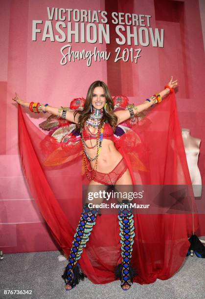 Victoria's Secret Angel Alessandra Ambrosio poses backstage during 2017 Victoria's Secret Fashion Show In Shanghai at Mercedes-Benz Arena on November...