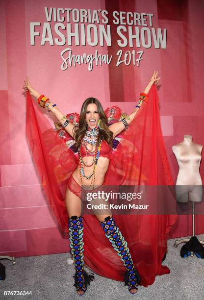 Victoria's Secret Angel Alessandra Ambrosio poses backstage during 2017 Victoria's Secret Fashion Show In Shanghai at Mercedes-Benz Arena on November...