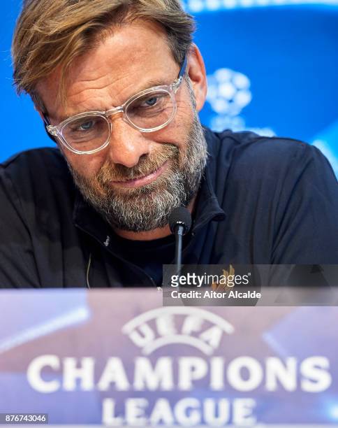 Head Coach of Liverpool FC Jurgen Klopp attends the press conference prior to their Champions League match against Liverpool FC at Estadio Ramon...