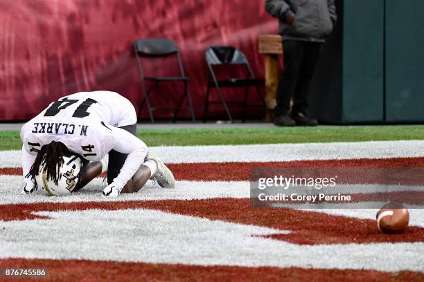 Nevelle Clarke of the UCF Knights reacts to a missed potential interception during the second quarter at Lincoln Financial Field on November 18, 2017...