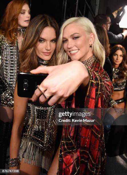 Models Alessandra Ambrosio and Karlie Kloss pose backstage during 2017 Victoria's Secret Fashion Show In Shanghai at Mercedes-Benz Arena on November...