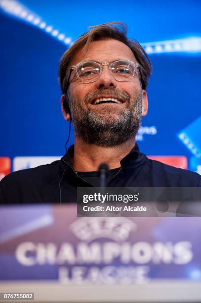 Head Coach of Liverpool FC Jurgen Klopp attends the press conference prior to their Champions League match against Liverpool FC at Estadio Ramon...