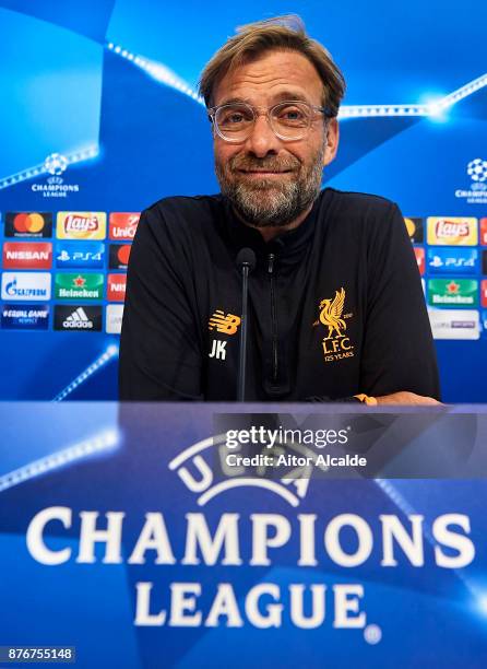 Head Coach of Liverpool FC Jurgen Klopp attends the press conference prior to their Champions League match against Liverpool FC at Estadio Ramon...