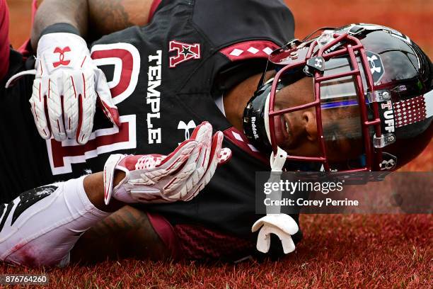 Randle Jones of the Temple Owls falls to the turf unable to catch a touchdown against the UCF Knights during the first quarter at Lincoln Financial...