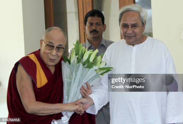 Tibetan spiritual leader Dalai Lama meets the Odisha chief minister Naveen Patnaik during his two days visit to the Odisha state in the eastern...