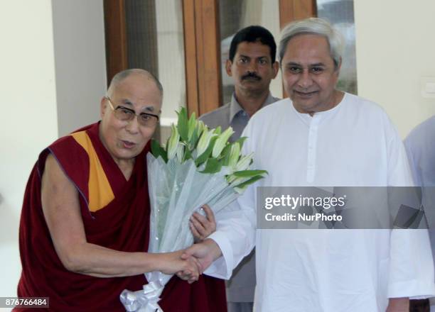 Tibetan spiritual leader Dalai Lama meets the Odisha chief minister Naveen Patnaik during his two days visit to the Odisha state in the eastern...
