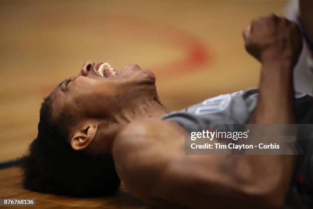 Crystal Dangerfield of the Connecticut Huskies reacts after drawing the foul while scoring during the the UConn Huskies Vs Maryland Terrapins, NCAA...