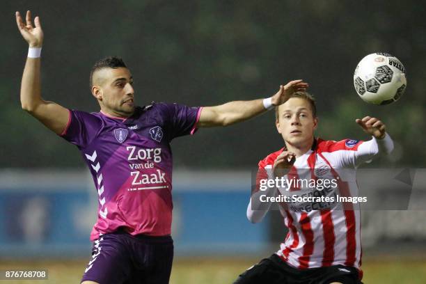 Chris David of FC Utrecht U23, Dante Rigo of PSV U23 during the Dutch Jupiler League match between PSV U23 v Utrecht U23 at the De Herdgang on...