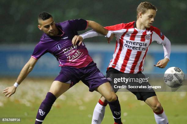 Chris David of FC Utrecht U23, Dante Rigo of PSV U23 during the Dutch Jupiler League match between PSV U23 v Utrecht U23 at the De Herdgang on...