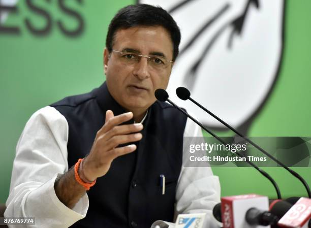 Congress leader Randeep Surjewala briefing press after Congress Working Committee meeting at AICC HQ on November 20, 2017 in New Delhi, India. The...