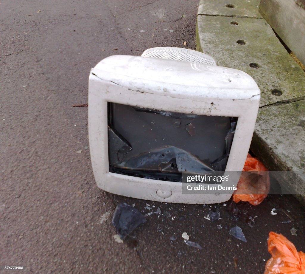 Old Smashed Computer Smashed Old Fashioned Cathode Ray Tube Computer Monitor High-Res Stock ...