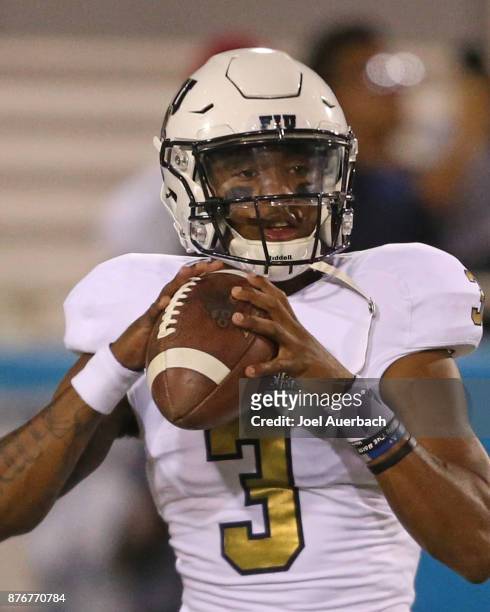 Maurice Alexander of the Florida International Golden Panthers throws the ball prior to the game against the Florida Atlantic Owls at FAU Stadium on...
