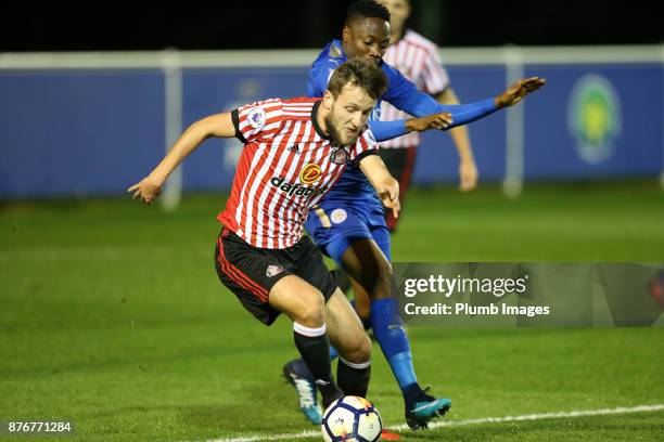 Ahmed Musa of Leicester City in action with Josh Robson of Sunderland during the Premier League 2 match between Leicester City and Sunderland at...