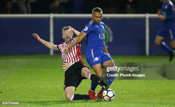 Layton Ndukwu of Leicester City in action with Jack Diamond of Sunderland during the Premier League 2 match between Leicester City and Sunderland at...