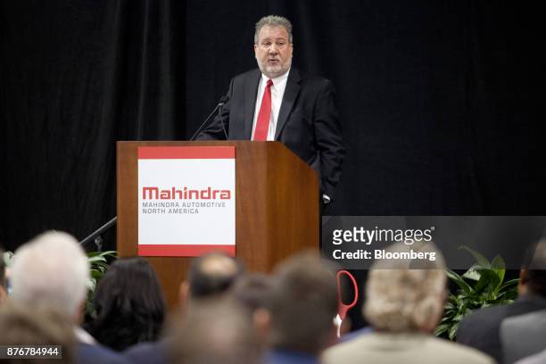 Rick Haas, president and chief executive officer of Mahindra Automotive North America, speaks during an event at the company's new facility in Auburn...