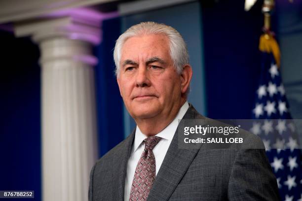 Secretary of State Rex Tillerson speaks about the designation of North Korea as a state sponsor of terrorism during the daily press briefing at the...