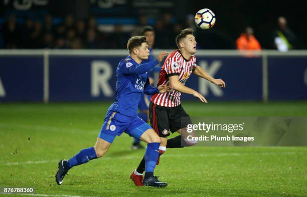 Connor Wood of Leicester City in action during Andrew Nelson of Sunderland the Premier League 2 match between Leicester City and Sunderland at Holmes...