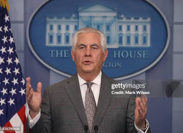 Secretary of State Rex Tillerson speaks to the media about North Korea during White House Press Secretary Sarah Huckabee's daily press briefing at...