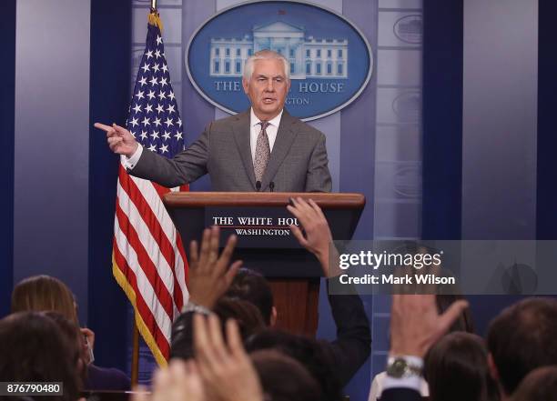 Secretary of State Rex Tillerson speaks to the media about North Korea during White House Press Secretary Sarah Huckabee's daily press briefing at...