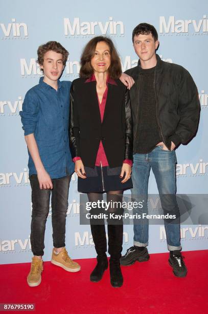 Jules Porier, Anne Fontaine and Finnegan Oldfield attend the "Marvin Ou La Belle Education" Paris Premiere at Le Louxor cinema on November 20, 2017...