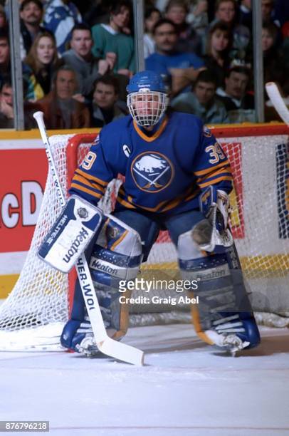 Dominik Hasek of the Buffalo Sabres skates against the Toronto Maple Leafs during NHL game action on February 10, 1996 at Maple Leaf Gardens in...