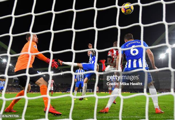 Kurt Zouma of Stoke City scoeres his sides second goal during the Premier League match between Brighton and Hove Albion and Stoke City at Amex...