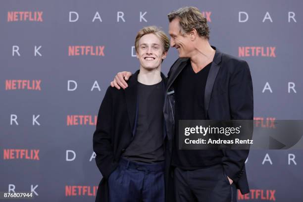 Louis Hofmann and Oliver Masucci attend the premiere of the first German Netflix series 'Dark' at Zoo Palast on November 20, 2017 in Berlin, Germany.