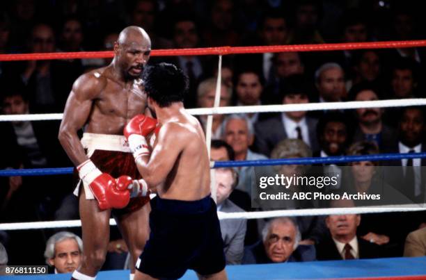 'Marvelous' Marvin Hagler, Roberto Durán boxing at Caesars Palace, November 10, 1983.